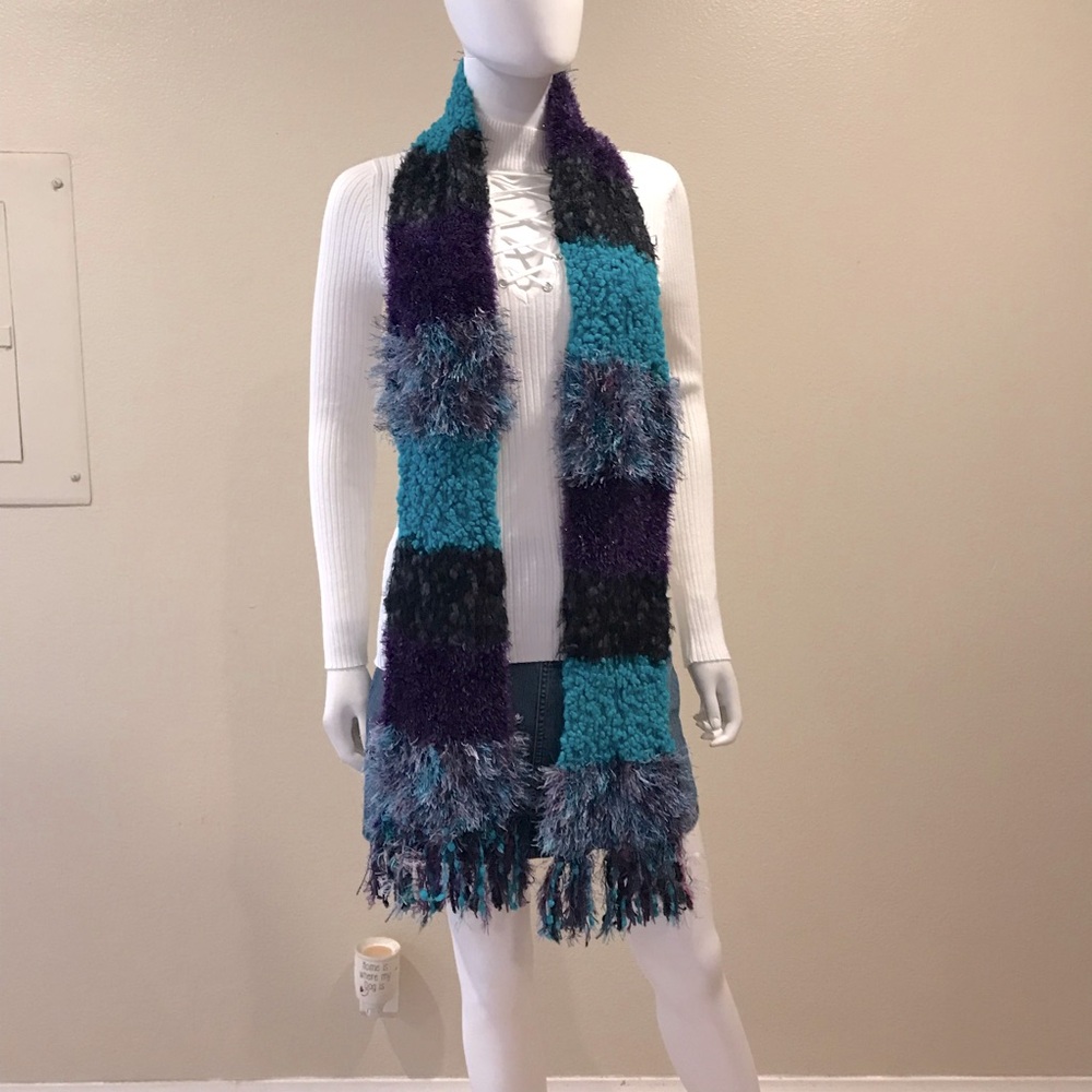 Cejon Artsy Urban Mixed Textured Scarf Turquoise Purple Black Popcorn Fuzzy Knit